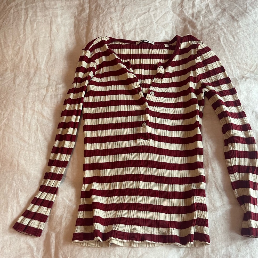 Doen Burgundy and Cream Striped Blouse